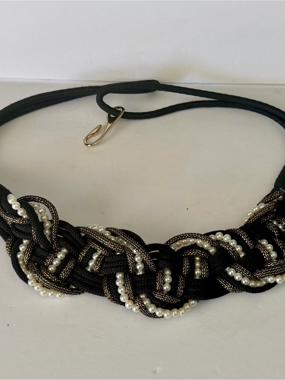 Vintage Black and Gold Braided Pearl-Accent Belt Stretch